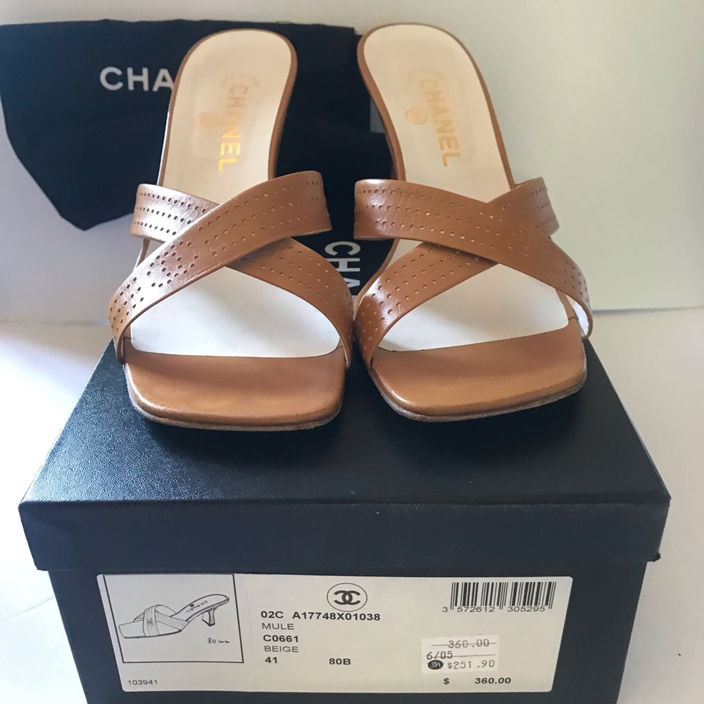 Authentic Chanel CC Logo Heel Mule Shoes Size 41.